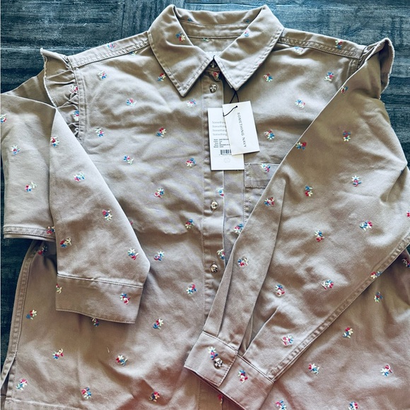 Something Navy Embroidered Tan Shirt Jacket - Picture 3 of 5